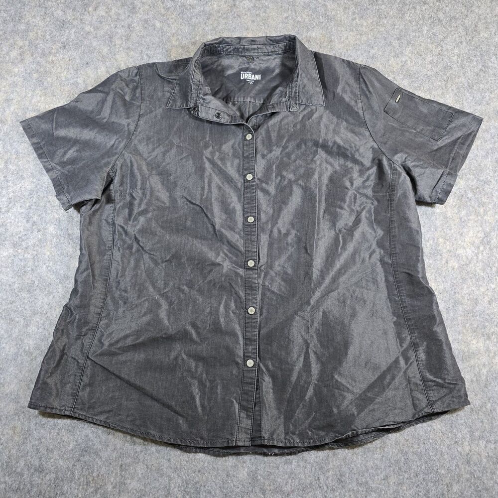 Urban "Detroit Denim" Shirt Women's Plus Sz XXL Shiny Black Snap Up Short Sleeve